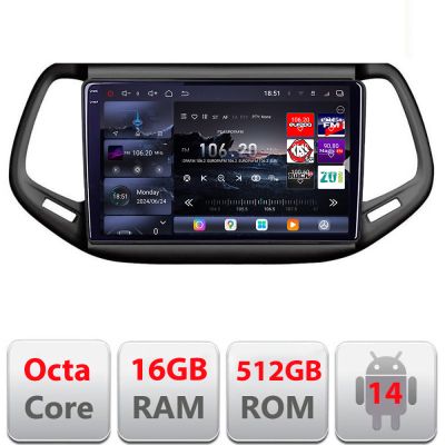 Navigatie Jeep Compass 2016+ Edotec Kit-739 8 core QLED 2K 12+256GB 360 Android Waze USB Navigatie Internet Youtube Radio