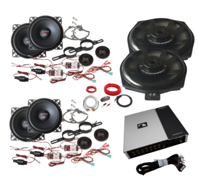 Pachet audio compus din 4 difuzoare componente, 2 subwoofere sub scaune, cu amplificator DSP, dedicate BMW Seria E/F/G, cu inele si cablaje plug and play